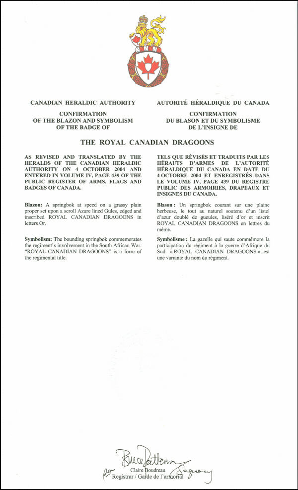 Lettres patentes confirmant le blasonnement de l'insigne de The Royal Canadian Dragoons