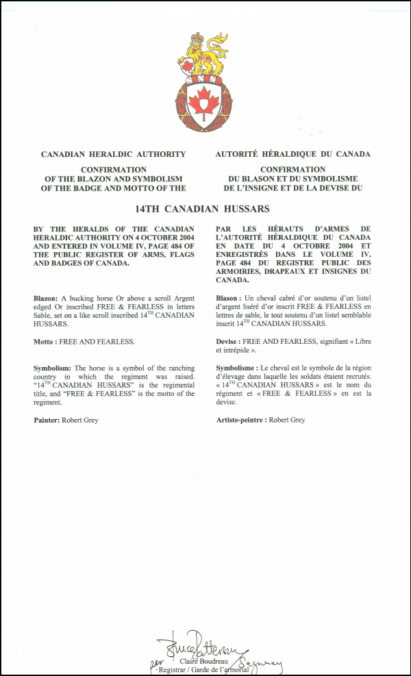 Confirmation of the blazon of the Badge of the 14th Canadian Hussars