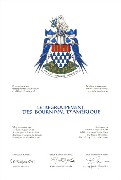 Letters patent granting heraldic emblems to Le Regroupement des Bournival d’Amérique