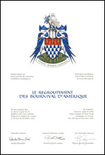 Letters patent granting heraldic emblems to Le Regroupement des Bournival d’Amérique