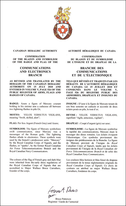 Letters patent confirming the blazon of the Flag and Badge of the Communications and Electronics Branch