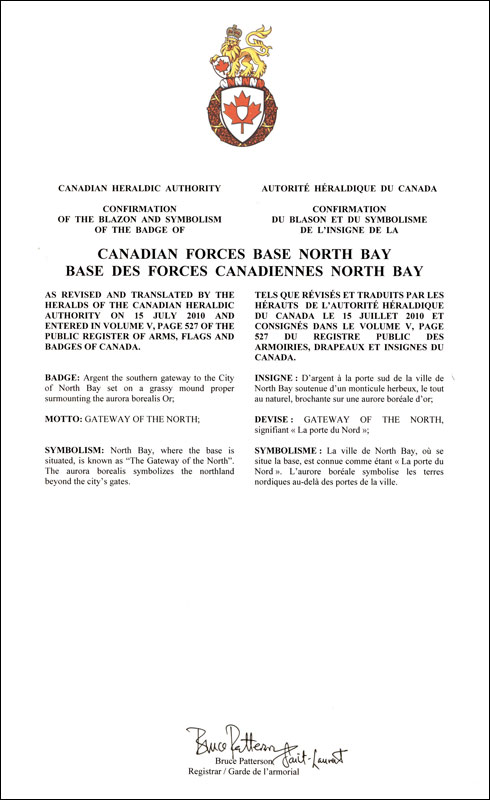 Lettres patentes confirmant le blasonnement de l'insigne de la Base des Forces canadiennes North Bay