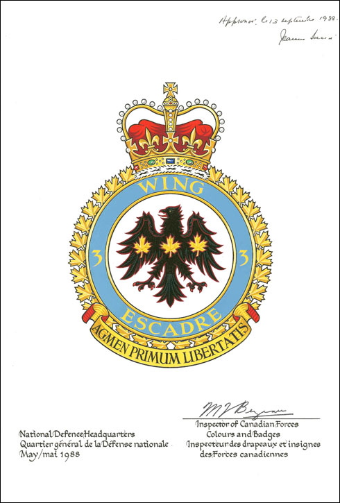 Letters patent approving the Badge of 3 Wing Bagotville