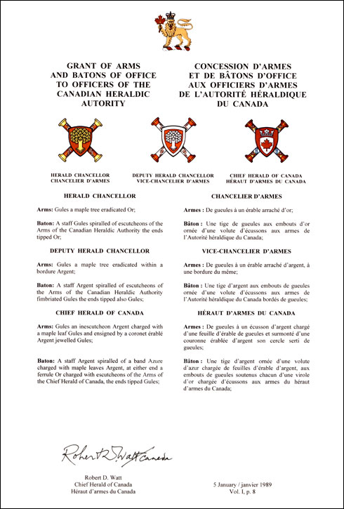 Lettres patentes concédant des emblèmes héraldiques à l'Autorité héraldique du Canada