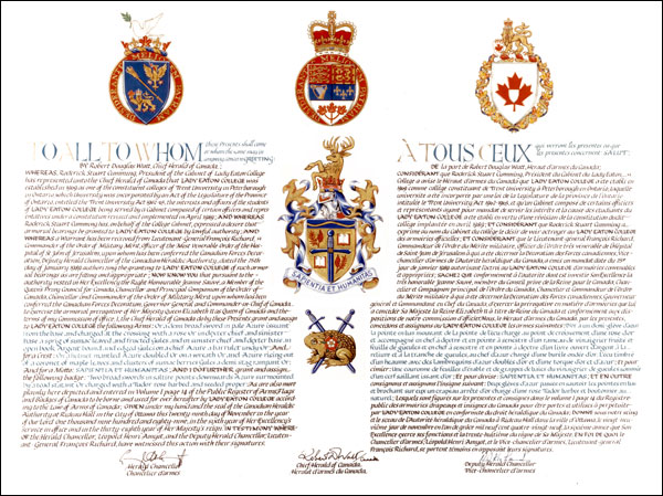 Letters patent granting heraldic emblems to Lady Eaton College