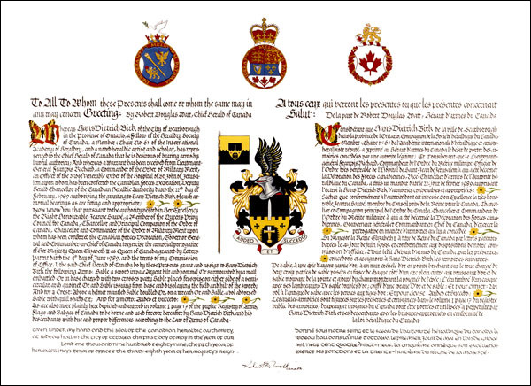 Letters patent granting heraldic emblems to Hans Dietrich Birk