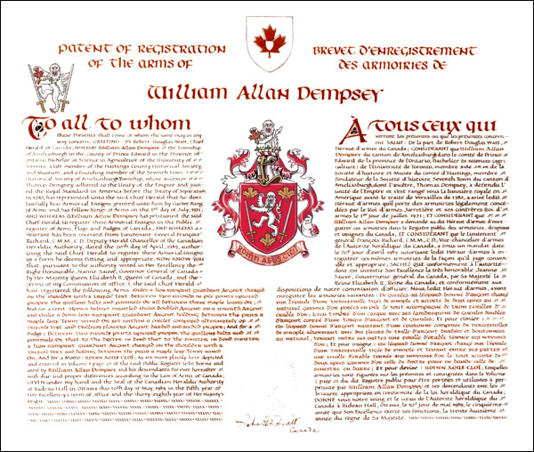 Lettres patentes enregistrant les emblèmes héraldiques de William Allan Dempsey