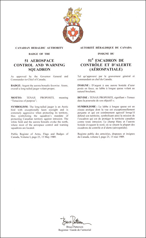 Letters patent approving the Badge of the 51 Aerospace Control and Warning Squadron