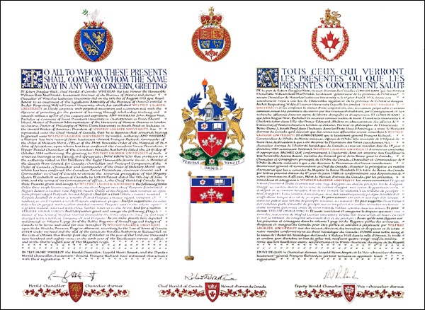 Letters patent granting heraldic emblems to Wilfrid Laurier University