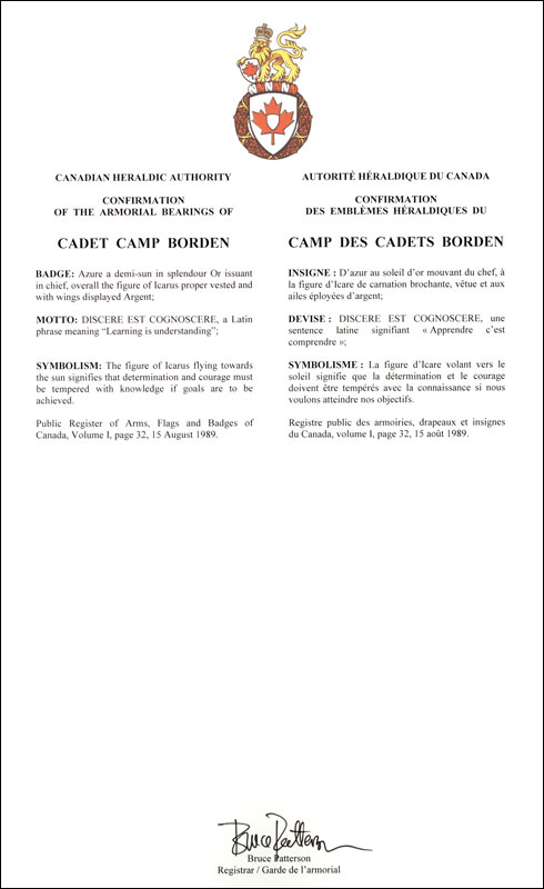 Letters patent confirming the badge of Cadet Camp Borden