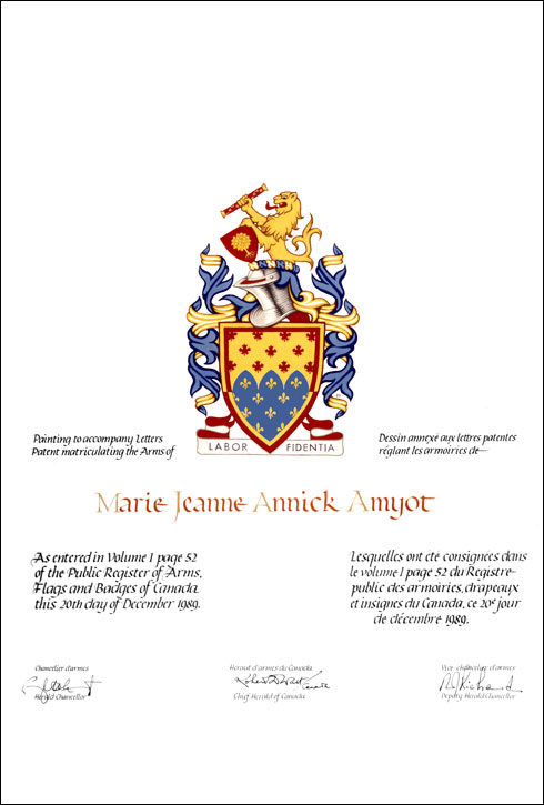 Lettres patentes concédant des emblèmes héraldiques à Marie Jeanne Annick Amyot