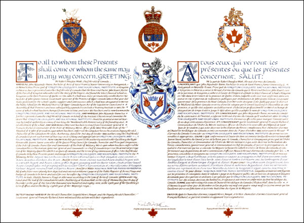 Lettres patentes concédant des emblèmes héraldiques au Kingston Collegiate and Vocational Institute