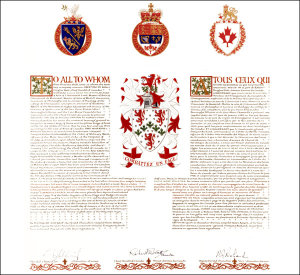 Letters patent registering the heraldic emblems of Louis René Pelletier