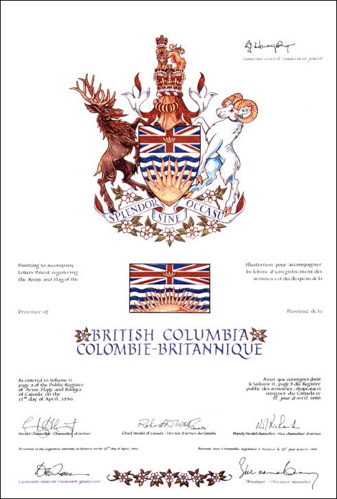 Lettres patentes enregistrant les emblèmes héraldiques de la Province de la Colombie-Britannique