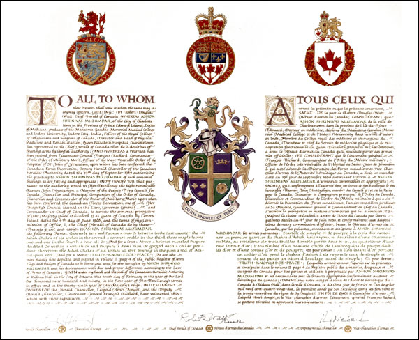 Letters patent granting heraldic emblems to Ashok Shrinivas Muzumdar