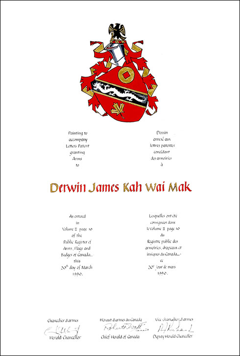 Letters patent granting heraldic emblems to Derwin James Kah Wai Mak