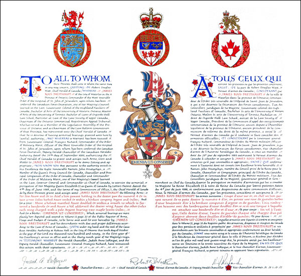 Letters patent granting heraldic emblems to James Roos Breithaupt