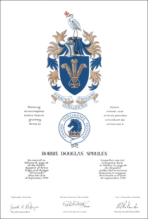 Letters patent granting heraldic emblems to Robbie Douglas Sprules