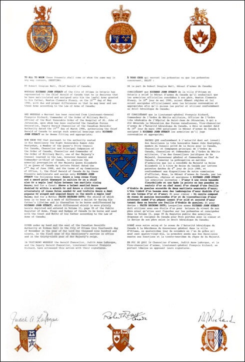 Letters patent granting heraldic emblems to Richard John Steacy