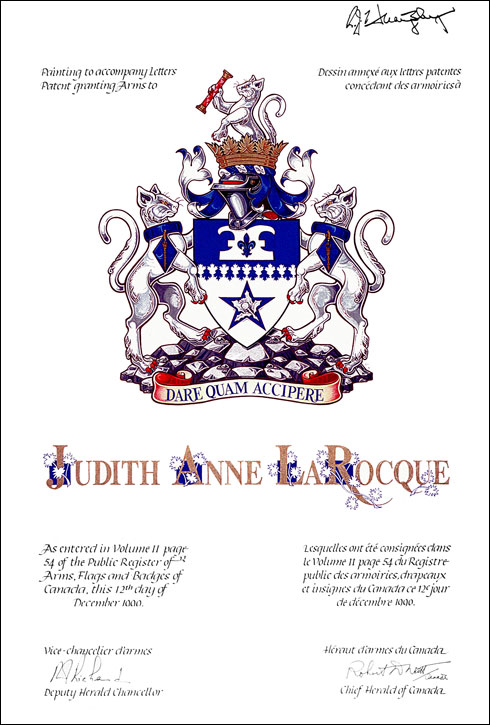 Letters patent granting heraldic emblems to Judith Anne LaRocque