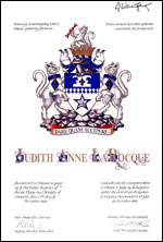 Letters patent granting heraldic emblems to Judith Anne LaRocque