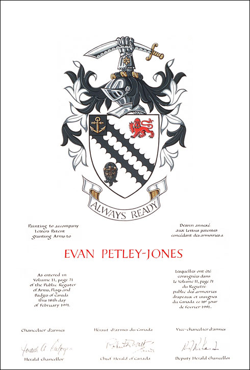 Lettres patentes concédant des emblèmes héraldiques à Evan Petley-Jones