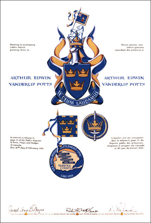 Letters patent granting heraldic emblems to Arthur Edwin Vanderlip Potts