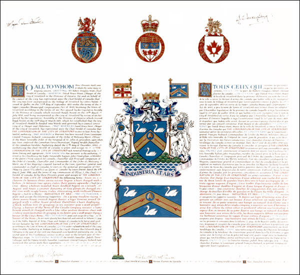 Lettres patentes concédant des emblèmes héraldiques à The Corporation of the City of Stratford