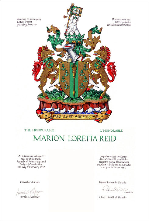 Letters patent granting heraldic emblems to Marion Loretta Reid