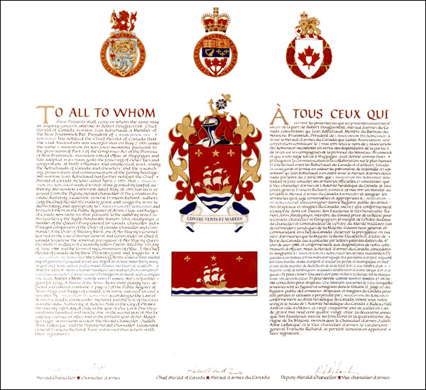 Letters patent granting heraldic emblems to l'Association des Robichaud