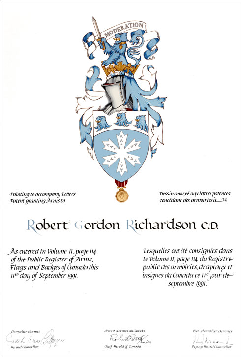 Letters patent granting heraldic emblems to Robert Gordon Richardson