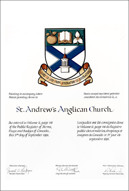 Letters patent granting heraldic emblems to St. Andrew's Anglican Church