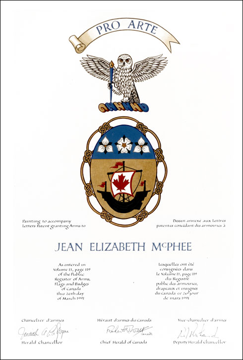 Letters patent granting heraldic emblems to Jean Elizabeth McPhee