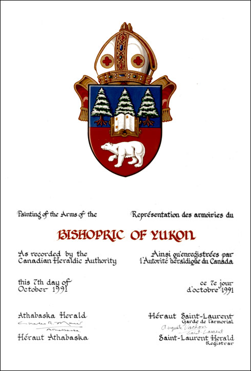 Letters patent registering the heraldic emblems of the Bishopric of Yukon