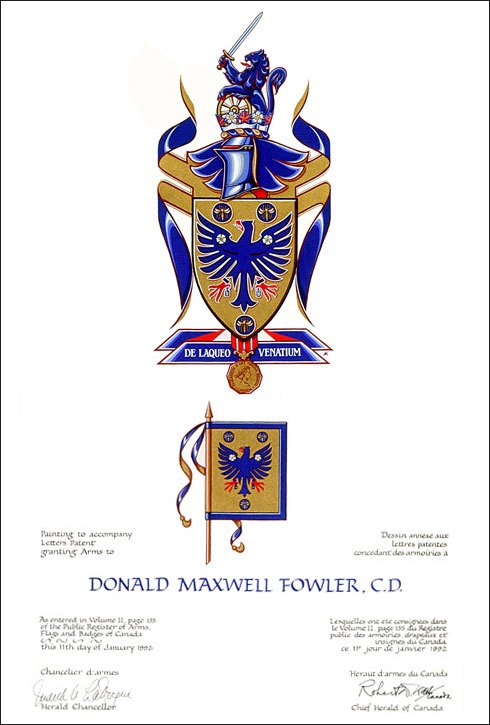 Lettres patentes concédant des emblèmes héraldiques à Donald Maxwell Fowler