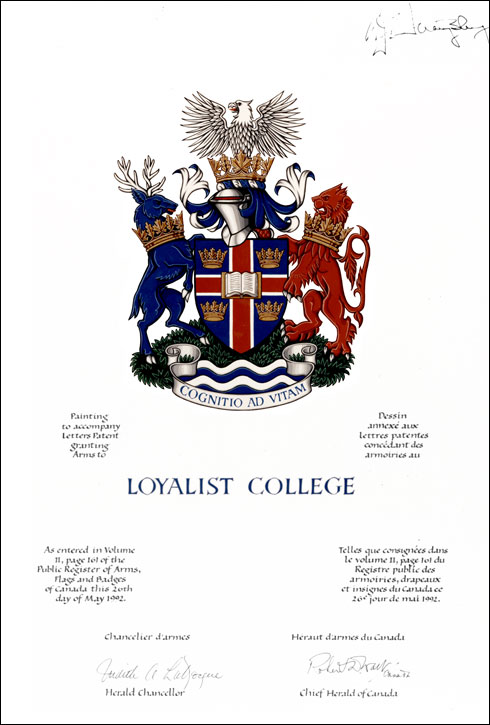 Lettres patentes concédant des emblèmes héraldiques à The Loyalist College of Applied Arts and Technology