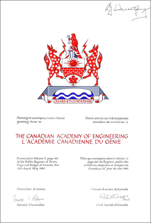 Lettres patentes concédant des emblèmes héraldiques à l'Académie canadienne du génie