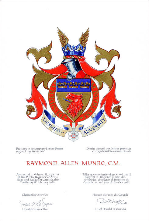 Letters patent registering the heraldic emblems of Raymond Allen Munro