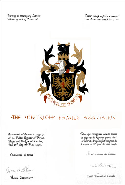 Letters patent granting heraldic emblems to The Dietrich Family Association