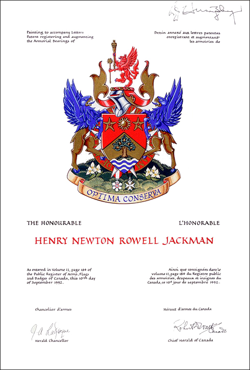 Letters patent granting Supporters to Henry Newton Rowell Jackman