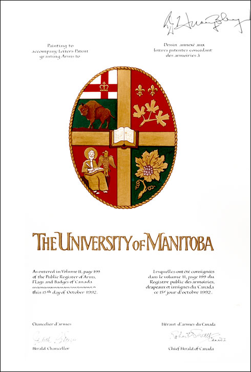 Letters patent granting heraldic emblems to The University of Manitoba