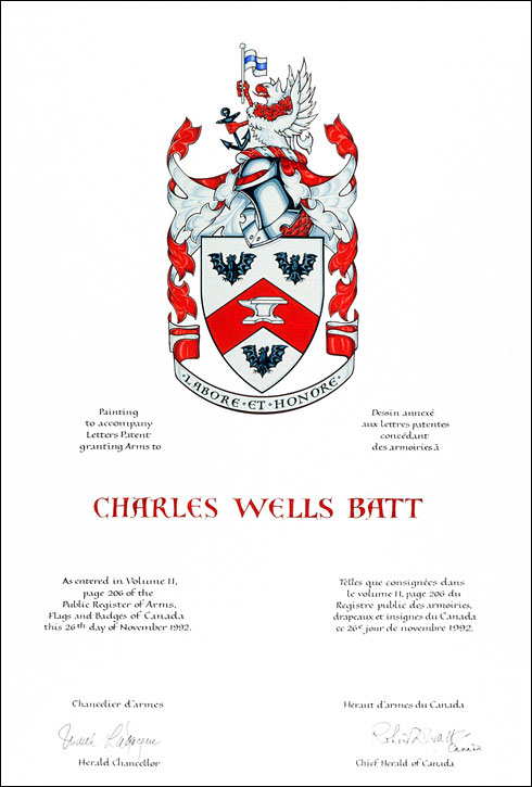 Lettres patentes concédant des emblèmes héraldiques à Charles Wells Batt