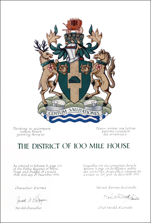 Letters patent granting heraldic emblems to the District of 100 Mile House