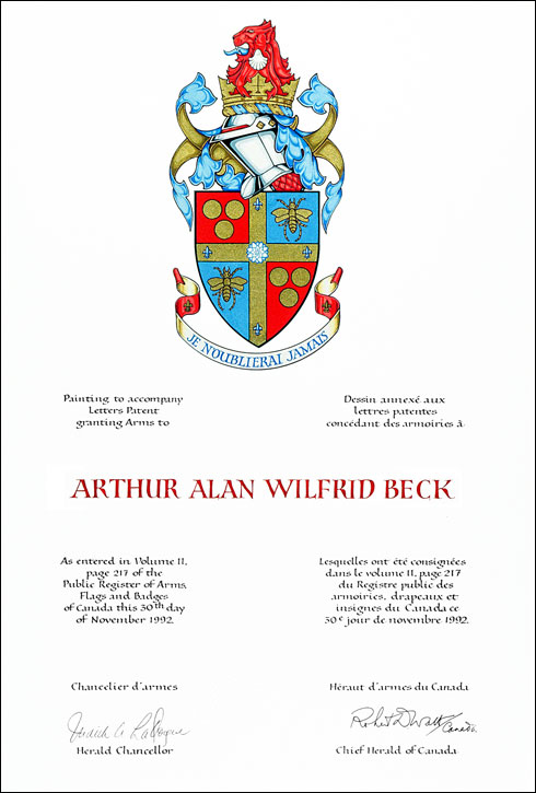 Lettres patentes concédant des emblèmes héraldiques à Arthur Alan Wilfrid Beck