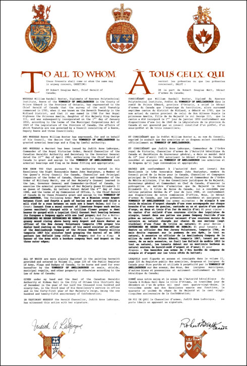 Letters patent granting heraldic emblems to the Township of Ameliasburgh