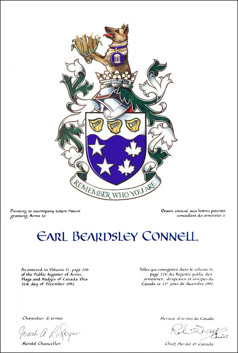 Lettres patentes concédant des emblèmes héraldiques à Earl Beardsley Connell