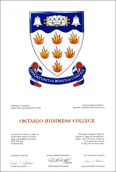 Lettres patentes concédant des emblèmes héraldiques au Ontario Business College