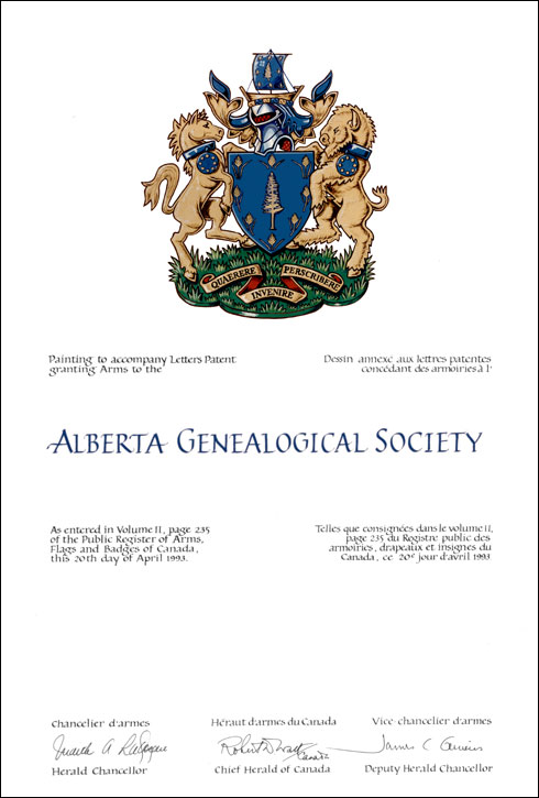 Letters patent granting heraldic emblems to the Alberta Genealogical Society