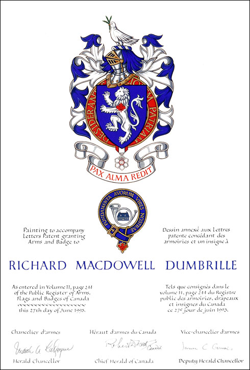 Letters patent granting heraldic emblems to Richard MacDowell Dumbrille