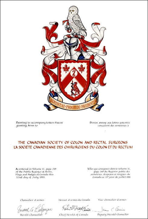 Letters patent granting heraldic emblems to The Canadian Society of Colon and Rectal Surgeons